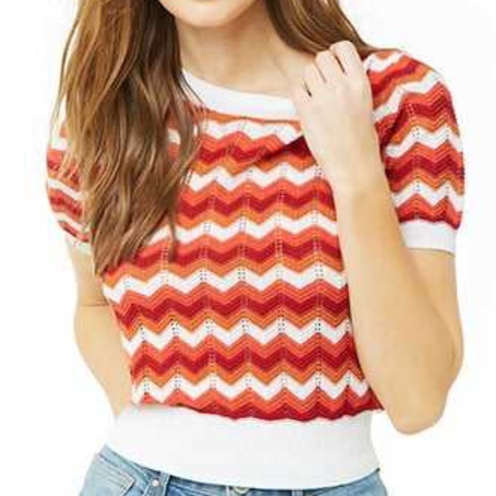Colourful Retro Zig Zag Chevron Pointelle Sweater - Size S